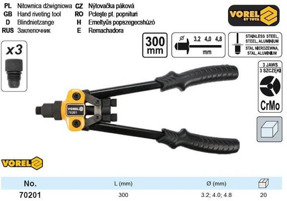 Заклепник Польща заклепочник дворучний Ø=3,2/4,0/4,8 м l=300 мм VOREL-70201