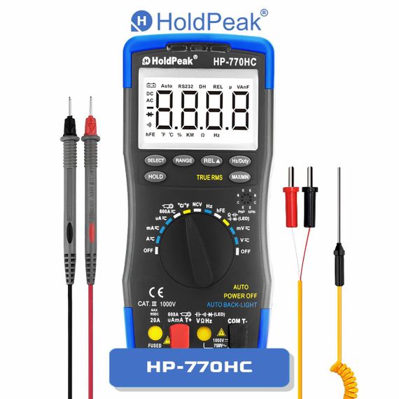 Мультиметр HoldPeak HP-770HC високоточний цифровий (TrueRMS 6000 відліків 1000В 20А AC/DC 60МОм 100мФ 1000°C 10МГц NCV)