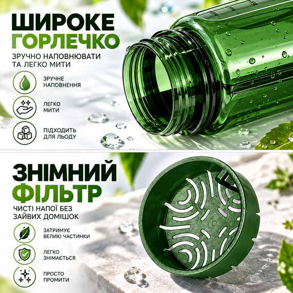Бутылка для воды KANGZYUAN 500 мл зеленая, спортивная из тритана Tritan, BPA Free, ударопрочная, герметичная, с ремешком | Зображення 5