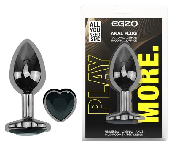 Анальна пробка EGZO Dark Silver Heart Plug S з кристалом, металева, чорна Sex Aura