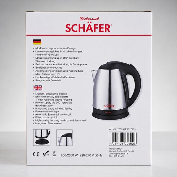 Электрочайник из нержавеющей стали Schafer 20094 серебристый 1,7 л, 2200 Вт | Зображення 8
