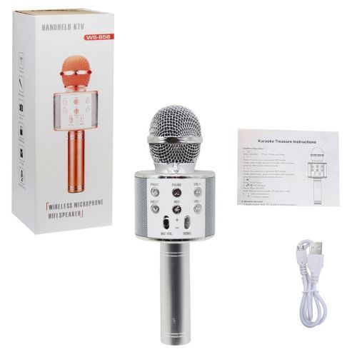 Уцінка. Бездротовий мікрофон караоке, bluetooth, USB, колонка Срібний Пошкоджена упаковка