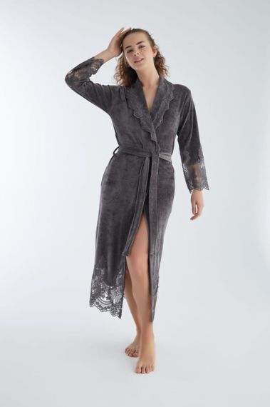 Жіночий халат Nusa 0383 довгий, велюровий з мереживом, антрацитовий S | Зображення 3