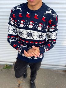 Мужской новогодний свитер Снеговик с оленями PA2656 цвет синий, размер L