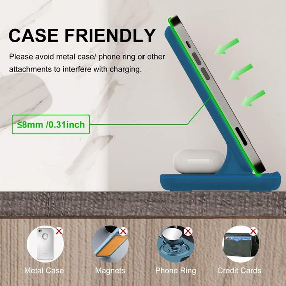 Бездротова зарядна станція 3в1 Minthouz, 18W, для iPhone, Apple Watch, AirPods, QC3.0, Type-C, синя | Зображення 2