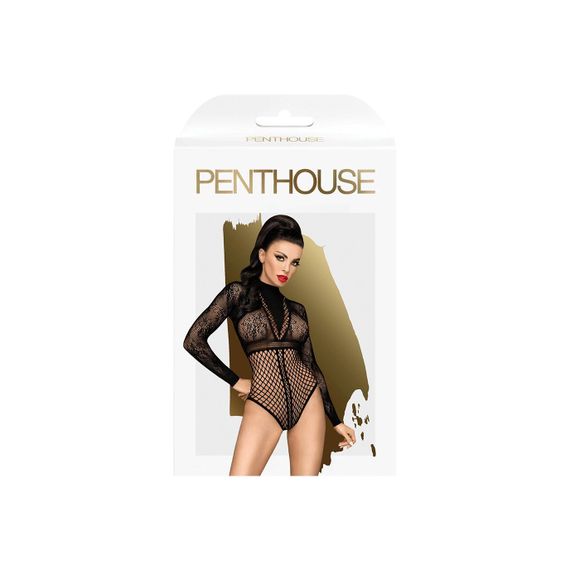 Боді Penthouse Spicy Whisper XL Black, імітація топу з довгими рукавами, закрите декольте | Зображення 2