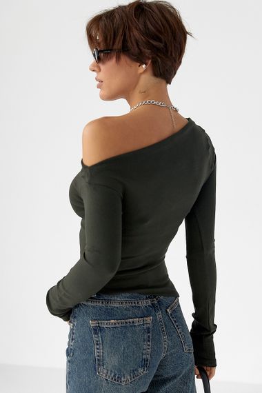 Асиметричний лонгслів з відкритим плечем - хакі цвет, S (є розміри) | Зображення 1