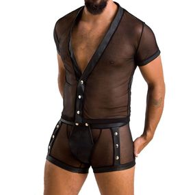 Комплект сітчастої чоловічої білизни Passion Set Michael L/XL, чорний, сорочка, боксери, заклепки