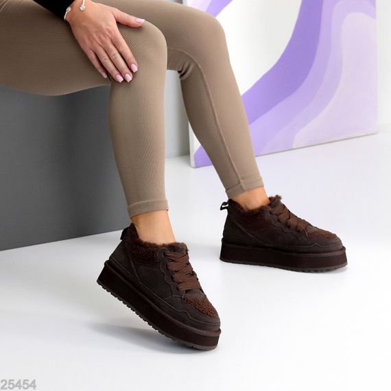 Теплые спортивные замшевые угги тедди на шнуровке цвет Шоколад | Зображення 8