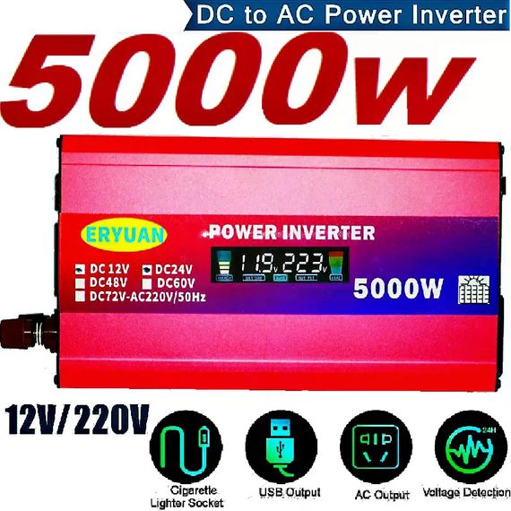 Перетворювач напруги 5000W 12V/24V у 220V з LCD-дисплеєм і підтримкою сонячної панелі • Інвертор для дому, авто, дачі та резервного живлення | Зображення 2