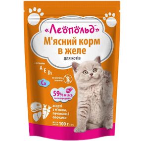 Леопольд Ассорти с мясом, печенью и овощами в желе для котов, пауч 100 г (24шт/уп)