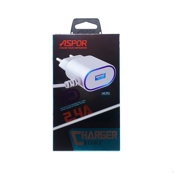 Мережевий зарядний пристрій Aspor A802 Plus 1 USB/2.4A LED + USB кабель Micro-білий | Зображення 2