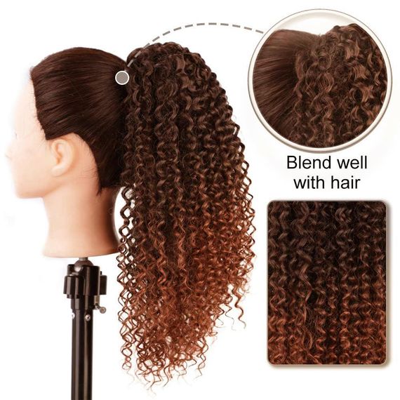 Хвост накладной кудрявый афро 40 см каштановый с медно-рыжим омбре, шиньона со шнурком, искусственные волосы | Зображення 2