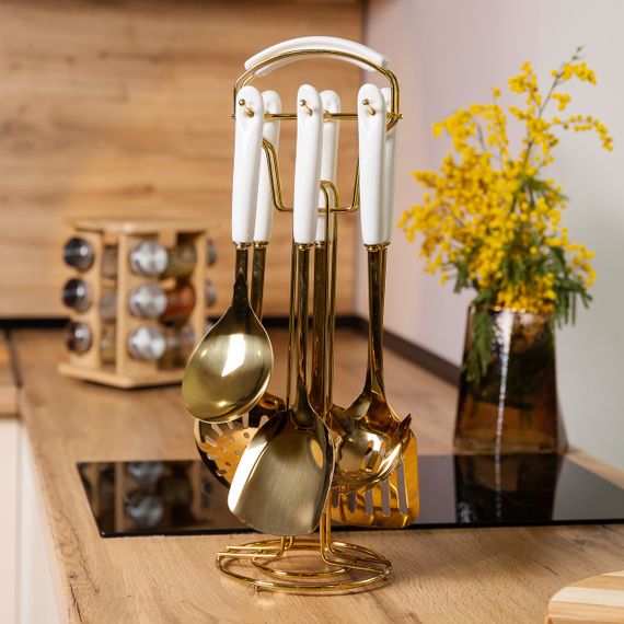 Набор кухонных принадлежностей на подставке 7 предметов кухонные аксессуары на подставке Белый с золотом HP-20-65 | Зображення 5