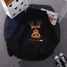 Женский теплый Новогодний худи с оленем в очках, STI238 единый размер 42/48 цвет черный