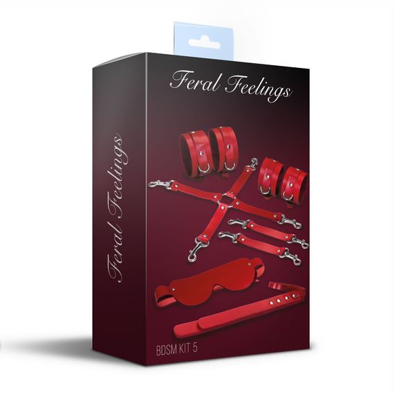 Набор Feral Feelings BDSM Kit 5 Red, наручники, поножи, крестовина, маска, паддл | Зображення 1