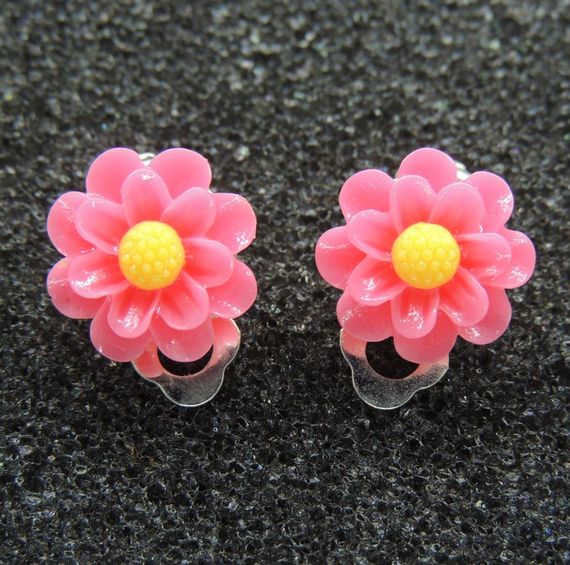 Серьги клипсы детские для ушей без пробивания цветок Георгина малиновая с желтой