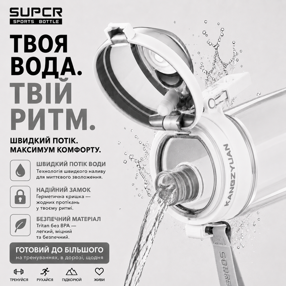 Спортивная бутылка для воды KANGZYUAN 700 мл Белая, Tritan (BPA Free), ударопрочная с ремешком | Зображення 6