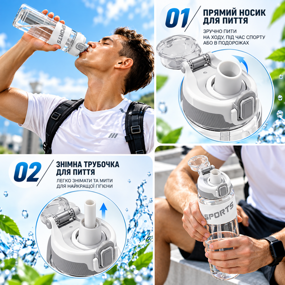 Эко-бутылка KANGZYUAN 500 мл белая спортивная для воды Tritan без BPA ударопрочная с эргономичной крышкой | Зображення 8