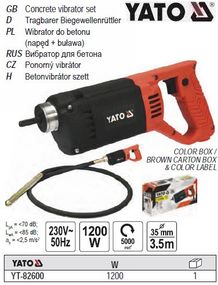 Вібратор для бетону YATO Польща 1200 Вт булава l=3 м Ø=35 мм YT-82600