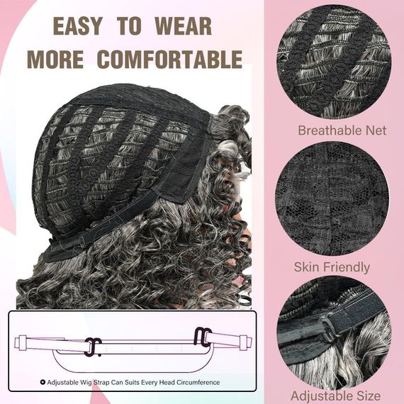 Парик кудрявый афро серый седой омбре с челкой женский, короткий синтетический термостойкий, волосы Хелловиин | Зображення 3