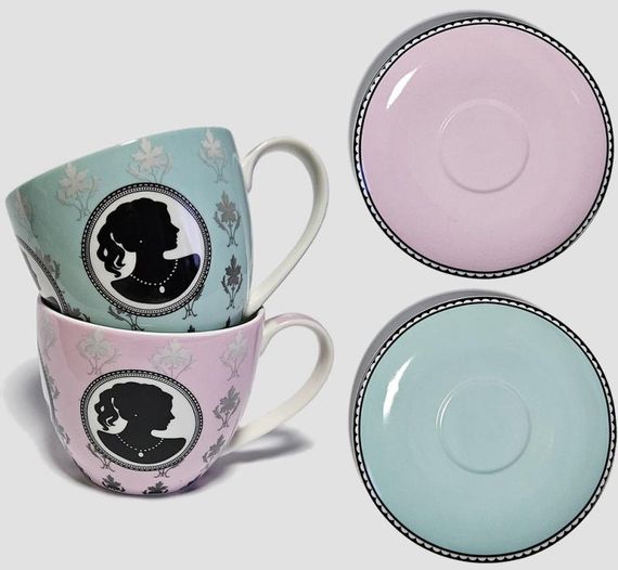 Чайний набір "Силует" 2 чашки (рожева+бірюзова) 280мл з блюдцями