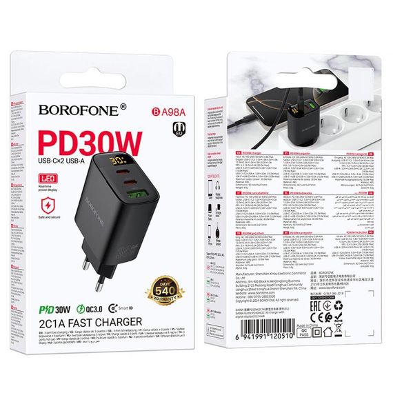 СЗУ Borofone BA98A Ilustre with digital display PD30W (1USB-A/2C) Black | Зображення 1
