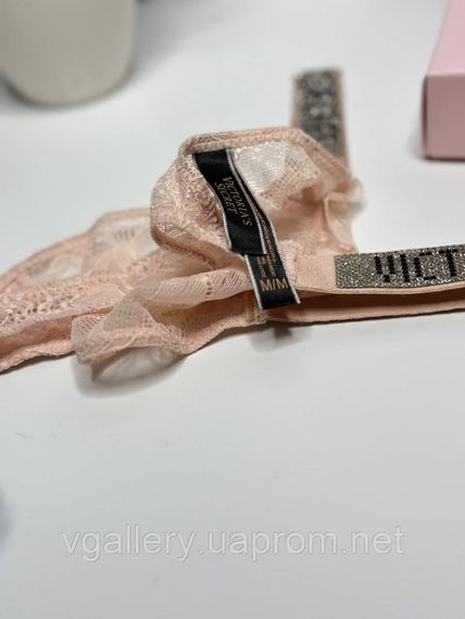 Жіночі мереживні стринги Victoria's Secret зі стразами, бікіні стринги Вікторія Сикрет XL, Бежево-персиковий | Зображення 3