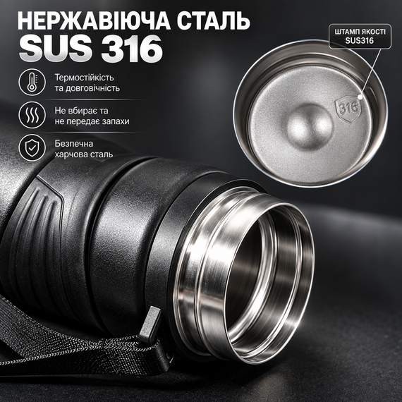 Термос-бутылка KANGZYUAN 450 мл (0,45 л), вакуумная, из нержавеющей стали 316, герметичная, с ситечком, черная | Зображення 7