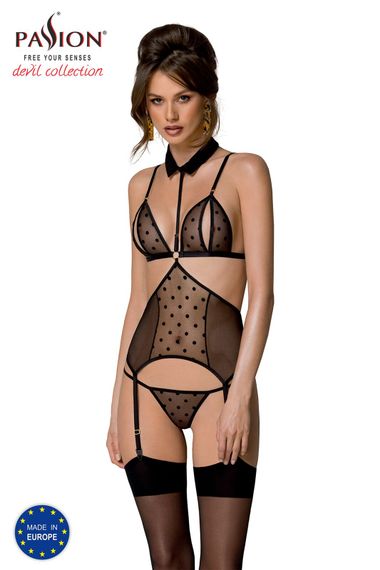 Корсет з відкритими грудьми Passion DOMINICA CORSET L/XL black, пажі для панчіх, стрінги
