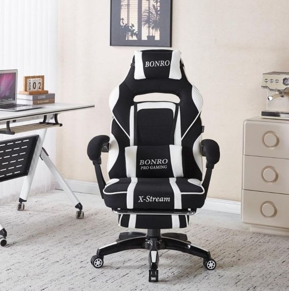 Крісло геймерське з тканини Bonro Бонро B-141 чорно-біле з підставкою для ніг (42401112) | Зображення 2