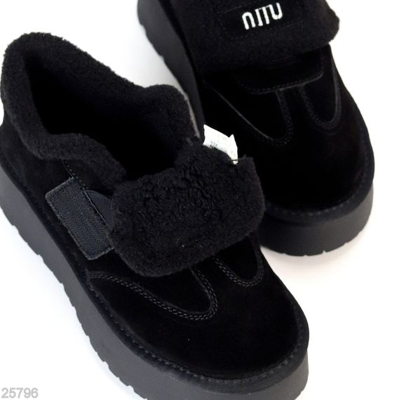 Молодежные черные угги автоледи натуралки с мехом тедди на липучке | Зображення 6