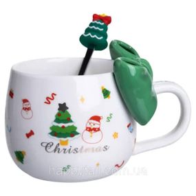 Новорічна порцелянова чашка з ложкою Merry Christmas 400 (мл) Зелений Yiwu FM-CS-19B