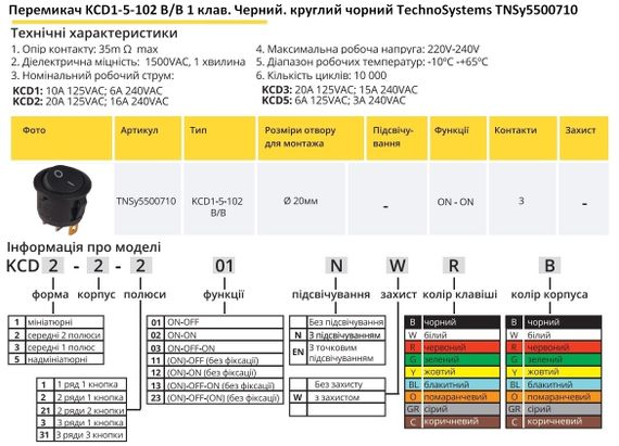 Перемикач KCD1-5-102 B/B 1 клавіша чорна кругла Ny95500710 | Зображення 1