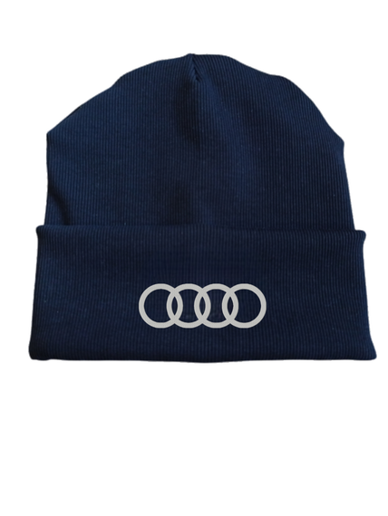 Трикотажная шапка Мужская демисезонная ауди Audi с рубчиком (кашкорс), двухслойная с вышивкой темно-синяя