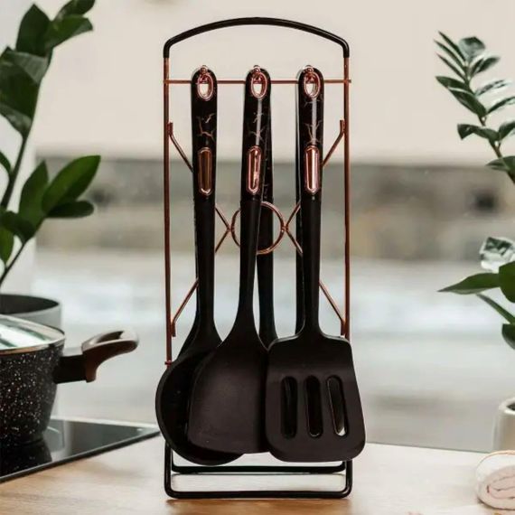 Набір кухонного приладдя на підставці 6 штук кухонні аксесуари Чорний під мармур YRUR5 | Зображення 1