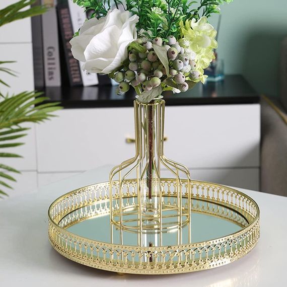 Таця дзеркальна декоративна, піднос 25 см круглий металевий золотистий для парфумів, косметики, прикрас, десертів | Зображення 6