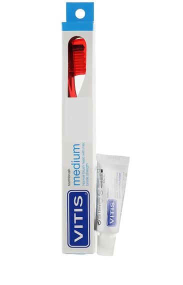 Зубна щітка VITIS MEDIUM червона, середньої жорсткості + паста VITIS WHITENING, 15 мл (DENTAID)