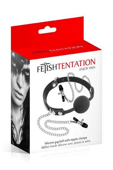Кляп с силиконовым шариком и зажимами для сосков Fetish Tentation Gag Ball with Nipple Clamps | Зображення 1