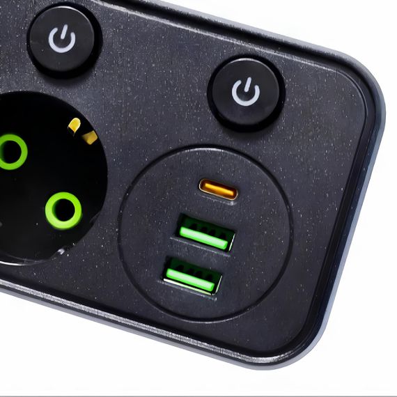 Мережевий фільтр з підсвіткою 2500 Вт, 2 розетки, 2xUSB + Type-C, HG-275, Чорний/розгалужувач у розетку / Мережевий трійник | Зображення 6