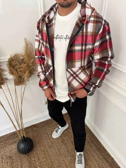 Тепла чоловіча байкова сорочка в клітку на блискавці з капюшоном розмір 52/54 колір червоний adl1004 | Зображення 3