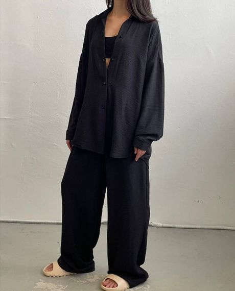 Женский легкий костюм тройка брюки, топ, рубашка BF1048 цвет черный, размер 46/48 | Зображення 2