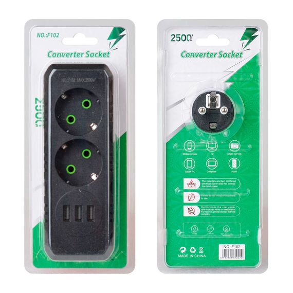 Розетка трійник із заземленням F102-Black, 2 розетки+3USB(1А), 2500W, 10A | Зображення 2