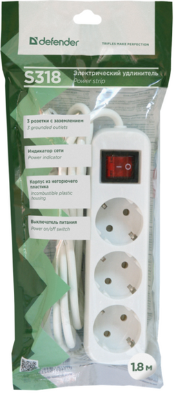 Мережевий подовжувач Defender S318 1.8 m 3 роз switch white (99233) | Зображення 3