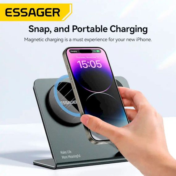 Бездротовий зарядний пристрій Essager  Ruicheng desktop magnetic suction three in one wireless charging of 15W black | Зображення 4