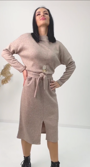 Женское теплое платье из двухсторонней ангоры с поясом GF08564 цвет бежевый, размер 50/52