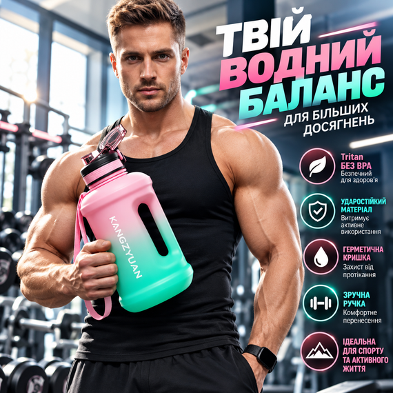 Эко-бутылка для воды KANGZYUAN 2500 мл розовая, спортивная бутылка из Tritan, ударопрочная, с ручкой, трубочкой и ремешком | Зображення 8