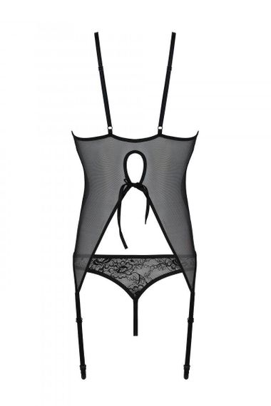 Корсет із пажами, трусики з ажурним декором та відкритим кроком Passion URSULA CORSET S/M, black Sex Aura | Зображення 3