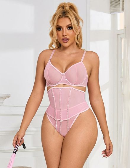 Сексуальний рожевий комплект Star Night з декоративними стразами та ланцюжками, M Sex Aura | Зображення 3