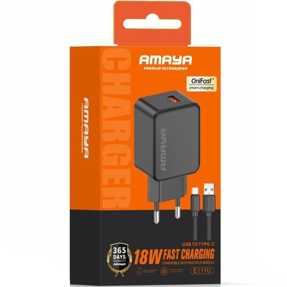 МЗП Amaya E111U QC3.0 18W (1USB-A) + кабель USB to Type-C Black | Зображення 1